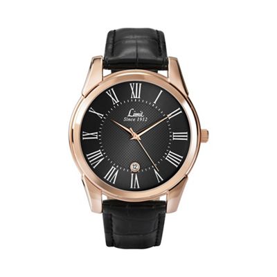 Men's rose gold plated black strap watch 5454.02
